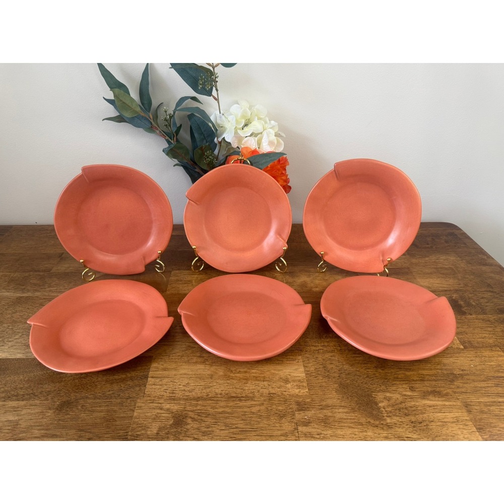 Vintage Cyclamen Terra Cotta Pottery 6 Side Plates Coral Pink Modernist Dessert